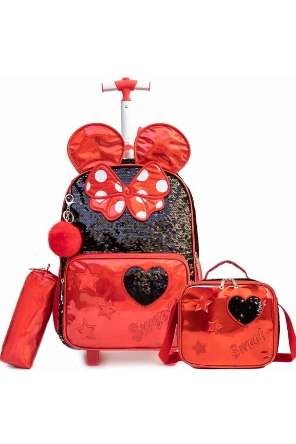 Sequin Kids Rolling Backpacks for Girls Roller Backpack with Wheels for School with Lunch Box Pencil Case for Elementary Student Ages 6-12