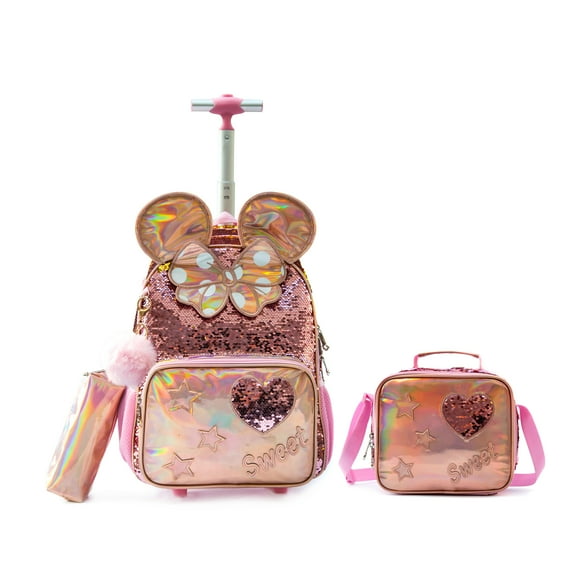 Sequin Kids Rolling School Backpack for Girls with Wheels Carry On Roller Suitcase with Lunch Box Pencil Case for Girls Bookbag Age 8-10