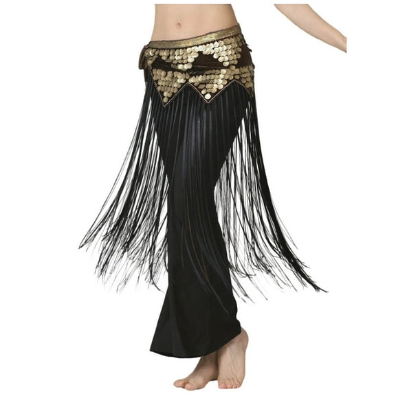 Sequin Long Fringe Skirt Womens Sparkly Glitter Tassel Midi Skirts Rave Outfits Belly Dance Hip Scarf for Women Black, Free Size