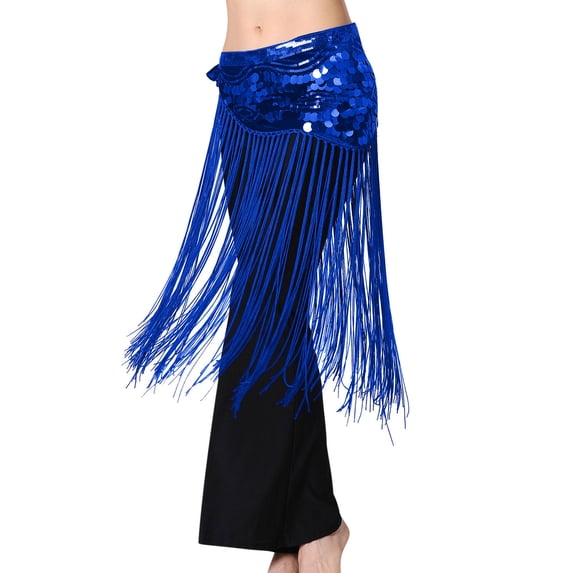 Sequin Long Fringe Skirt Womens Sparkly Glitter Tassel Midi Skirts Rave Outfits Belly Dance Hip Scarf for Women Blue, Free Size