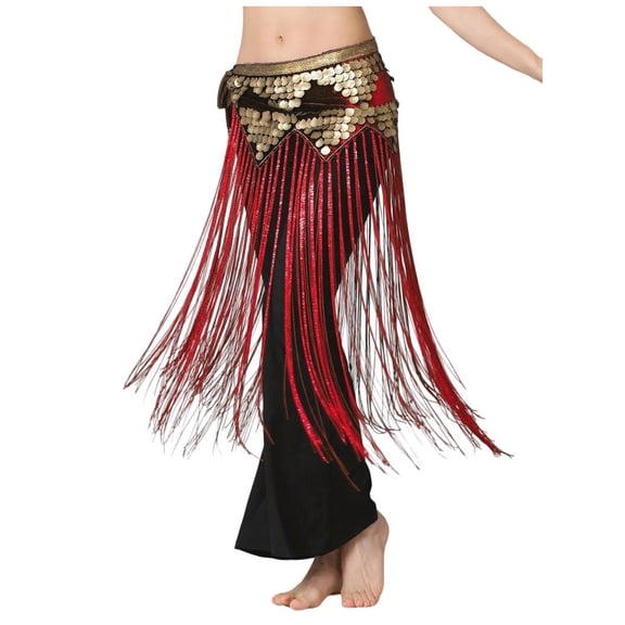 Sequin Long Fringe Skirt Womens Sparkly Glitter Tassel Midi Skirts Rave Outfits Belly Dance Hip Scarf for Women Red, Free Size