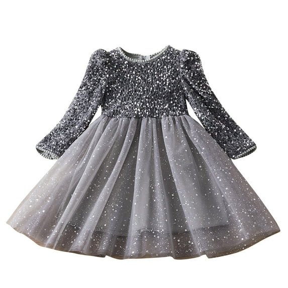 Sequin Long Sleeve Dresses for Toddler Girl Sparkly Birthday Party Sundress Mesh Princess Tulle Dress