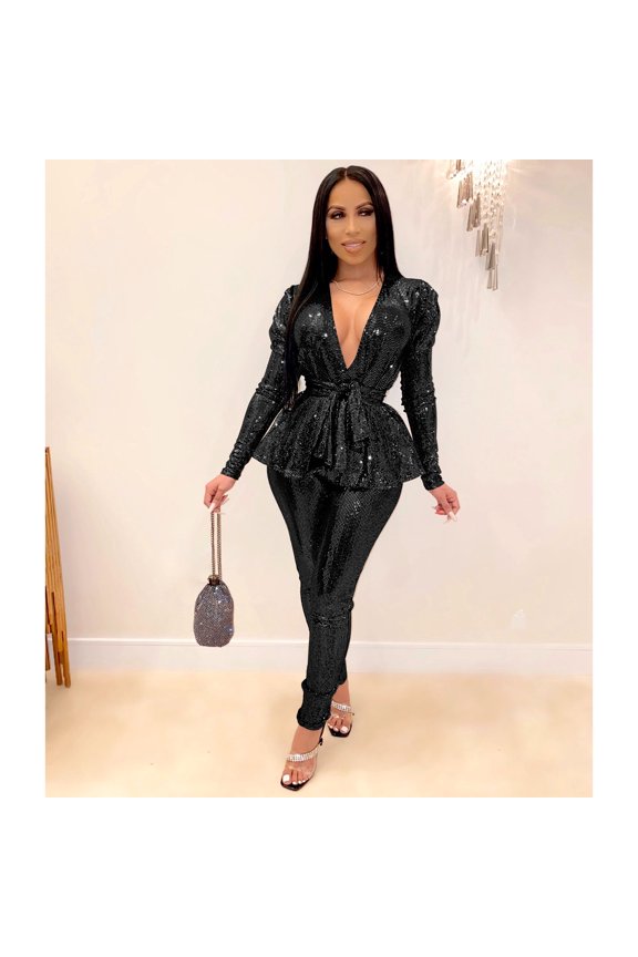 Sequin Long Sleeve Ruffle Hem Suit (L, Black)