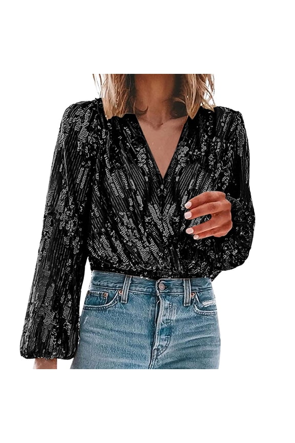 Sequin Long Sleeve Shirts for Women Ciffon Womens Clothing Glitter Sparkly Y2K Clothes Casual Women's Tops, Tees & Blouses Black