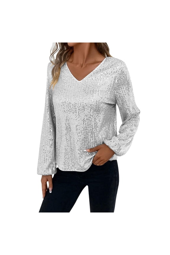 Sequin Long Sleeve Shirts for Women Fall Womens Clothing Glitter Sparkly Y2K Clothes Lightweight Women's Tops, Tees & Blouses Silver