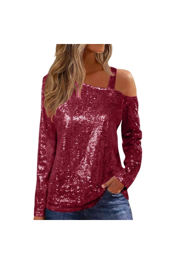 Sequin Long Sleeve Tops for Women Fall Women's Clothing Glitter Off the Shoulder Womens Clothes Lightweight Ladies Tops And Blouses Purple