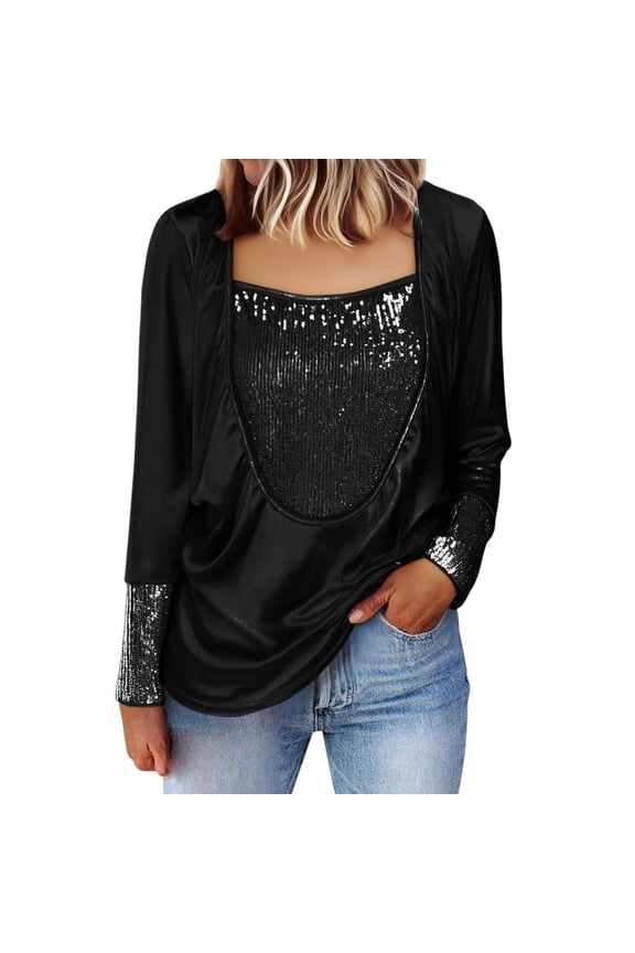 Sequin Long Sleeve Tops for Women Fall Women's Clothing Glitter Womens Clothes Going Out Ladies Tops And Blouses Black