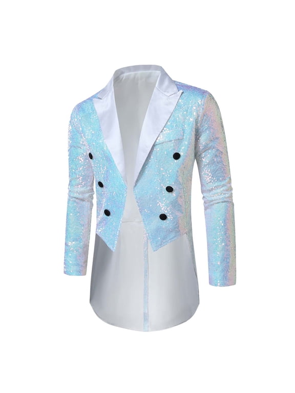 Sequin Long Tailcoat for Men's Shawl Lapel Dress Suit Jacket Shiny Sparkly Party Disco Wedding Tuxedo Banquet Sizes S-2XL White
