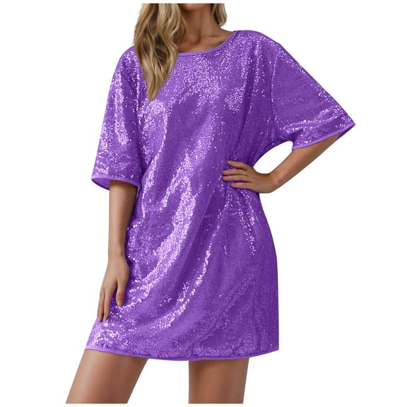 Sequin Long Tops for Women Oversized Fit T-shirts Short Sleeve Crew Neck Loose Tops Mini Dress Party Going Out Blouses (S, Purple)