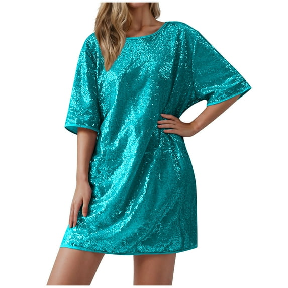 Sequin Long Tops for Women Oversized Fit T-shirts Short Sleeve Crew Neck Loose Tops Mini Dress Party Going Out Blouses (XL, Sky Blue)