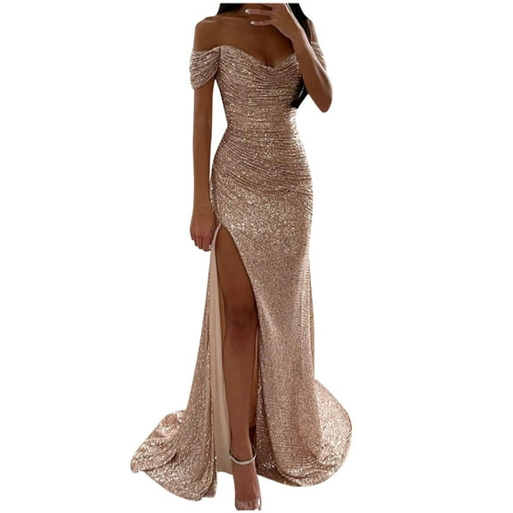 Sequin Mermaid Prom Dresses for Women Elegant Off Shoulder Maxi Formal Evening Party Gown with Slit