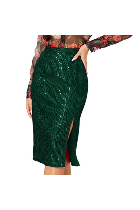 Sequin Midi Skirt for Women Fashion A-Line Zipper High Waist Party Skirts for Women Slit Half Skirt