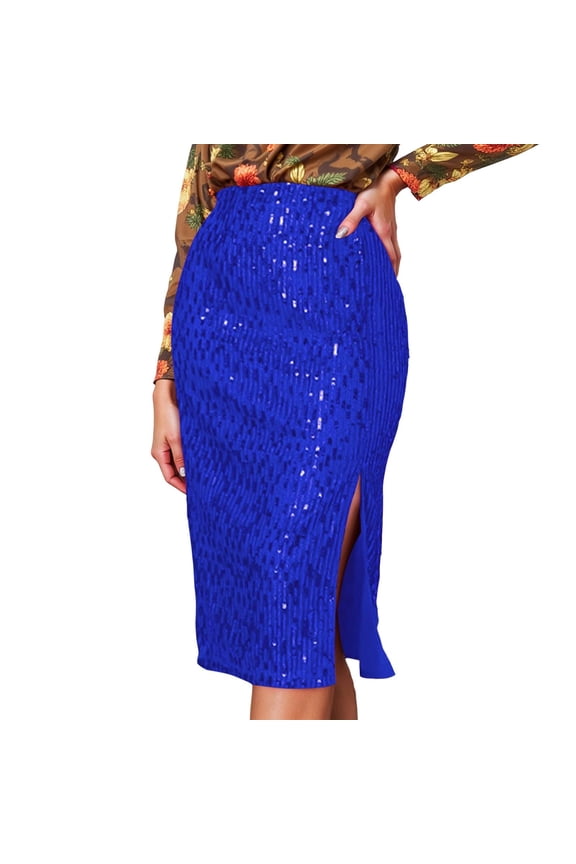 Sequin Midi Skirt for Women Fashion A-Line Zipper High Waist Party Skirts for Women Slit Half Skirt