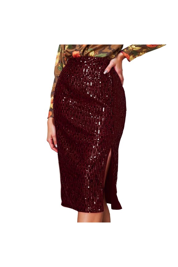 Sequin Midi Skirt for Women Fashion A-Line Zipper High Waist Party Skirts for Women Slit Half Skirt