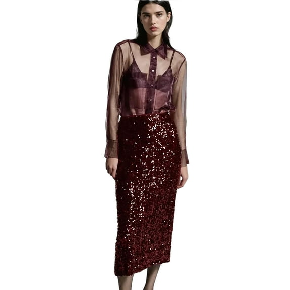 Sequin Midi Skirt with a Slit