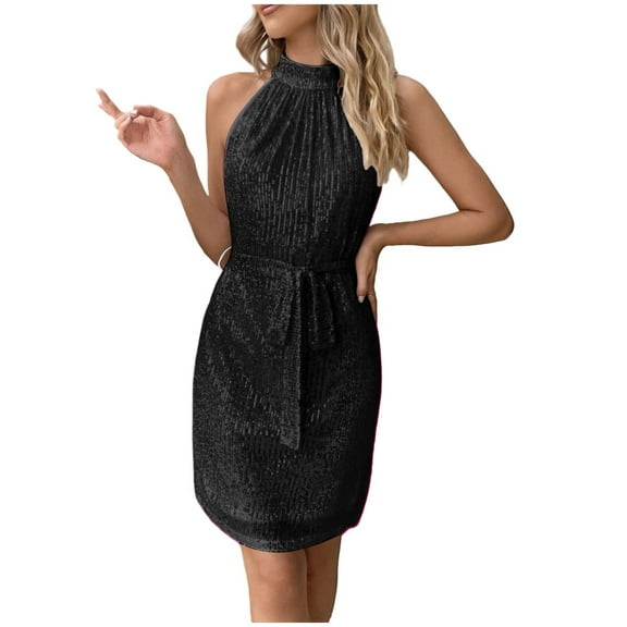 Sequin Mini Dresses for Women Sparkly Cocktail Birthday Party Women's Solid Color Sequin Sleeveless Tank Dress