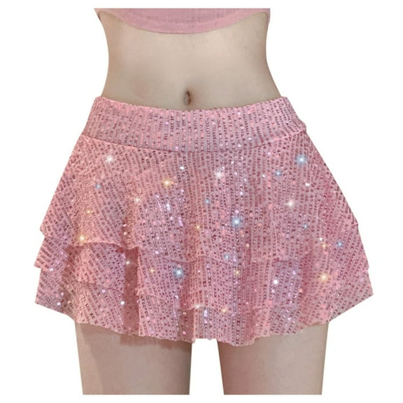 Sequin Mini Skirt for Women Ruffle Layered Mini Skirt Party Skirt for Club Wear with Sparkle Detail Red L