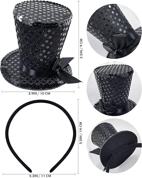 Sequin Mini Top Hat with Elastic Headband for Halloween Costume Accessory