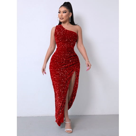 Sequin One Shoulder Split Maxi Dress