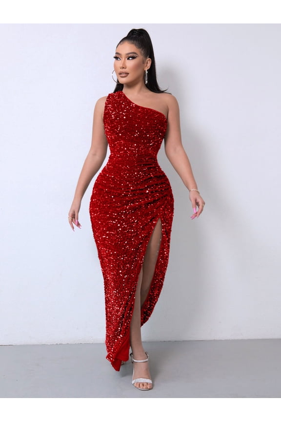 Sequin One Shoulder Split Maxi Dress