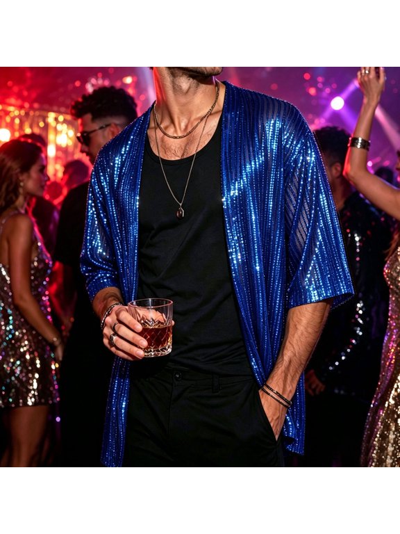 Sequin Open Front Cardigan for Everyday Casual Comfort Men’s Sophisticated Party Jacket, Blue, S/M