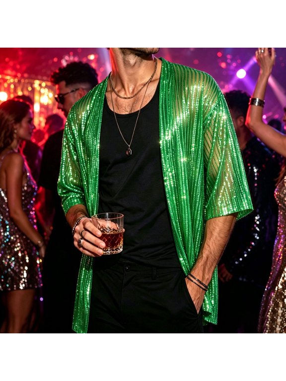 Sequin Open Front Cardigan for Everyday Casual Comfort Men’s Sophisticated Party Jacket, Green, S/M