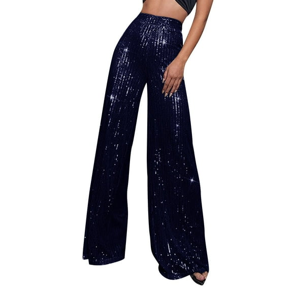 Sequin Pant for Women Elastic High Waisted Pull On Flare Bottoms Party Club Night Out Dance Stretch Sparkly Pants Dark Blue XL