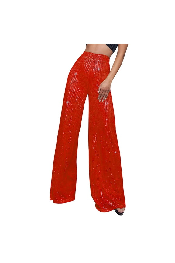 Sequin Pant for Women Elastic High Waisted Pull On Flare Bottoms Party Club Night Out Dance Stretch Sparkly Pants Red 3XL