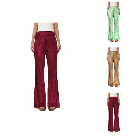 Sequin Pants Women 2026 Trendy Elastic High Waist Casual Flared Sparkly Pants Clubwear Dancewear