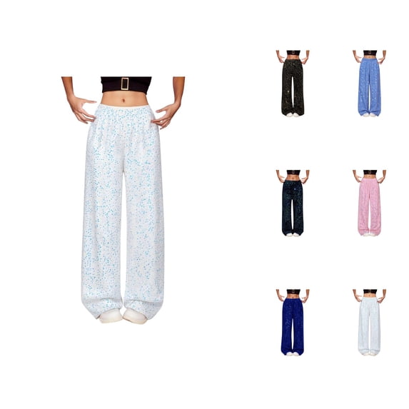 Sequin Pants Women 2026 Trendy Elastic Waist Casual Loose Flowy Extra Long Straight Leg Sparkly Pants Clubwear