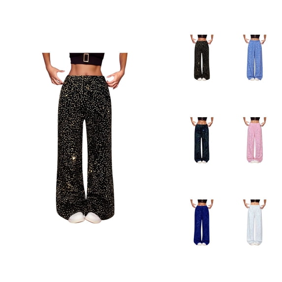 Sequin Pants Women 2026 Trendy Elastic Waist Casual Loose Flowy Extra Long Straight Leg Sparkly Pants Clubwear