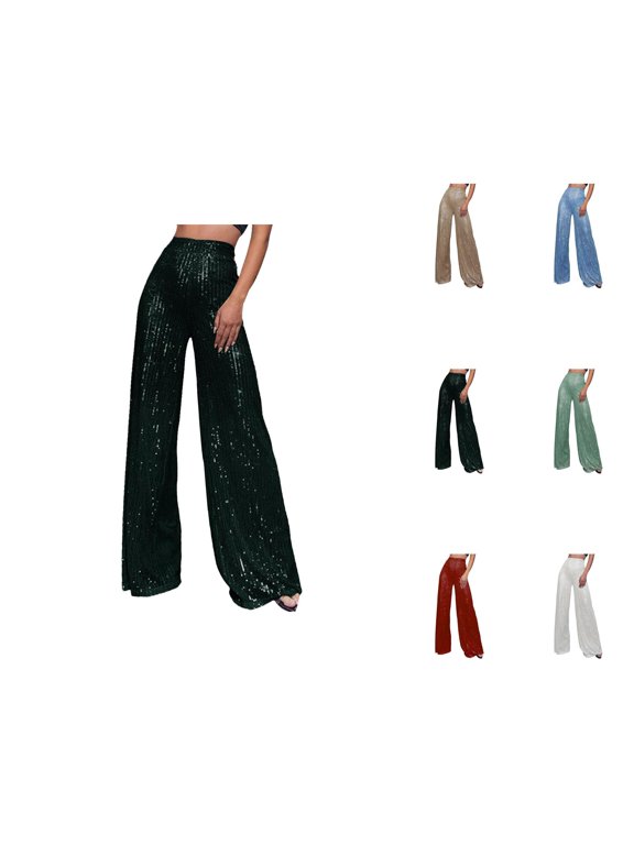 Sequin Pants Women 2026 Trendy Sequin High Waisted Loose Shiny Flowy Wide Leg Rave Pants