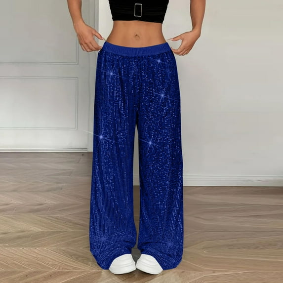 Sequin Pants Women Elastic Waist Wide Leg Sparkle Shiny Pant Casual Loose Glitter Trousers Fashion Palazzo Blue 2XL