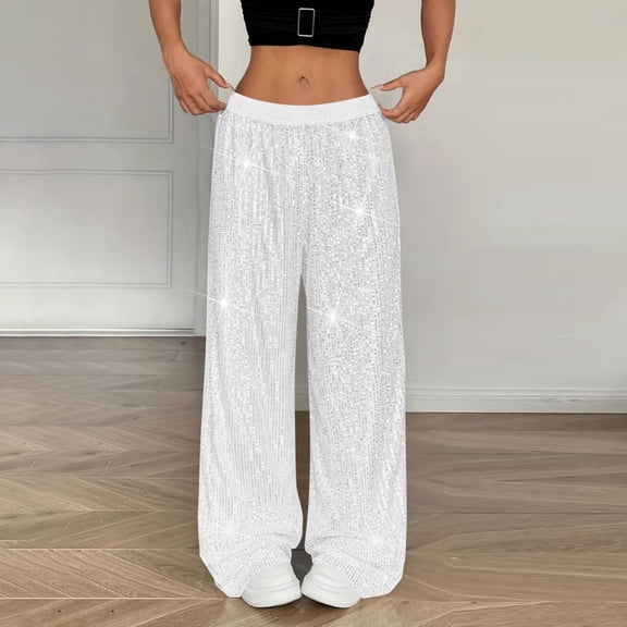 Sequin Pants Women Elastic Waist Wide Leg Sparkle Shiny Pant Casual Loose Glitter Trousers Fashion Palazzo White 2XL