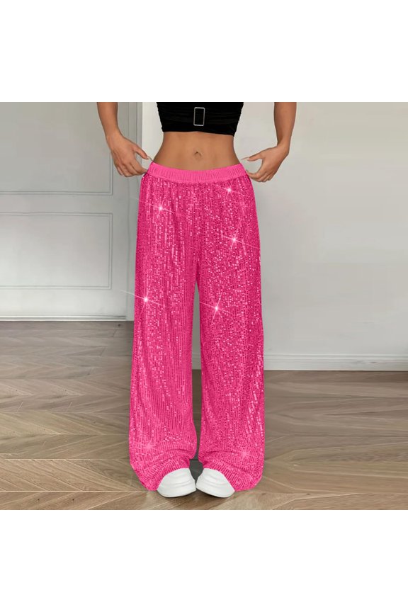Sequin Pants Women Fashion Wide Leg Sparkly Pant Party Disco Glitter Trousers Holiday Dance Clothes Hot Pink L