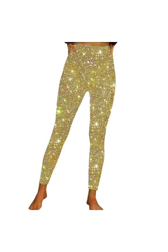 Sequin Pants Women Glitter Micro Sparkle Festival Party Concert Elastic Waist Womens Trousers Yellow
