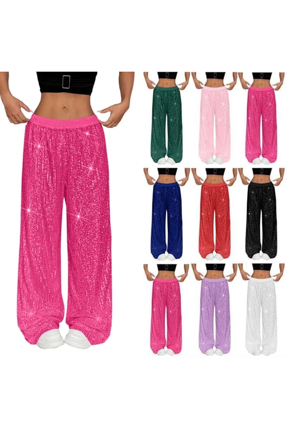 Sequin Pants Women Glitter Sparkly Wide Leg Elastic Waist Dance Pants Disco Party Night Out Clubwear Palazzo Trousers Red M