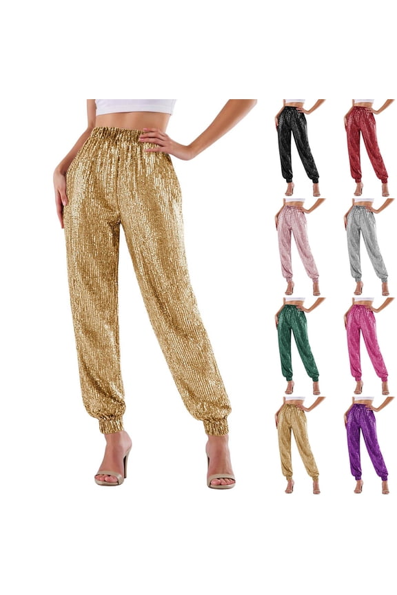 Sequin Pants Women Sparkle Joggers Elastic High Waisted Sparkly Pants Holiday Party Glitter Trousers Disco Dance Clothes 2026, Black & Size M