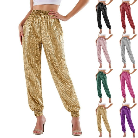 Sequin Pants Women Sparkle Joggers Elastic High Waisted Sparkly Pants Holiday Party Glitter Trousers Disco Dance Clothes 2026, RD2 & Size S