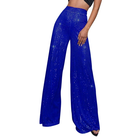 Sequin Pants Women Sparkly Glitter Flowy High Waist Wide Leg Palazzo Pants Party Club Long Trousers Bling Leggings Blue S