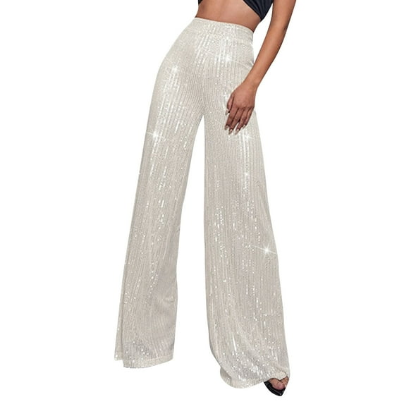 Sequin Pants Women Sparkly Glitter Flowy High Waist Wide Leg Palazzo Pants Party Club Long Trousers Bling Leggings Silver 3XL