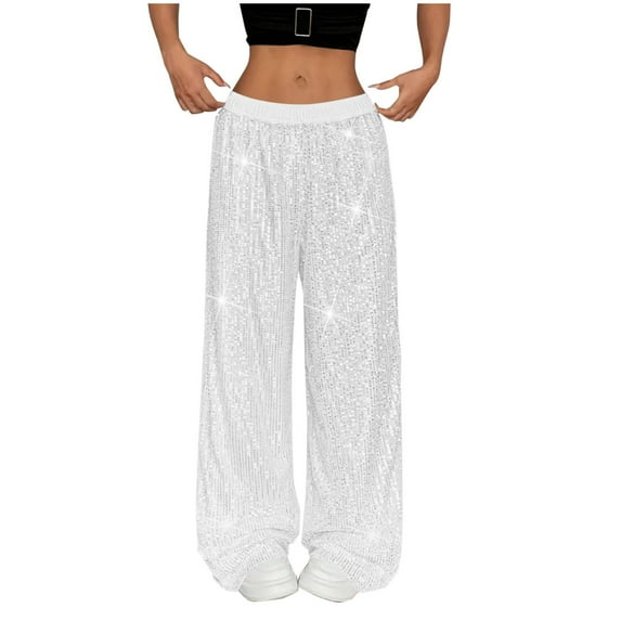 Sequin Pants Women Stretch High Waist Wide Leg Sparkly Shiny Pant Casual Loose Glitter Trousers Bling Party Clubwear White XL