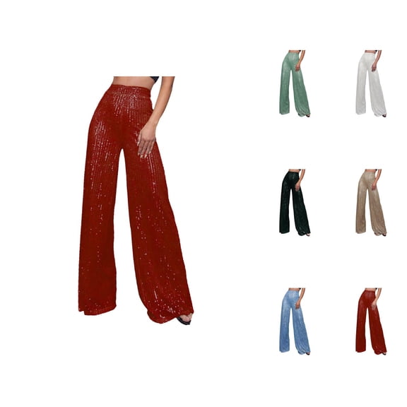 Sequin Pants for Women 2026 Fashion Sequin High Waisted Flowy Wide Leg Loose Shiny Rave Pants