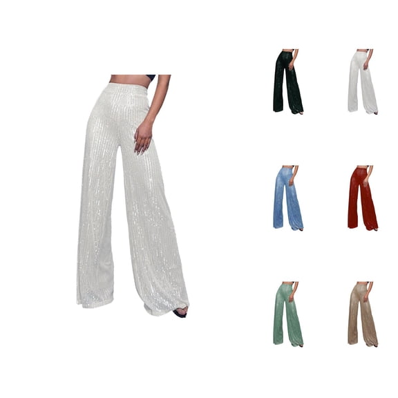 Sequin Pants for Women 2026 Trendy Sequin High Waisted Shiny Flowy Wide Leg Loose Rave Pants