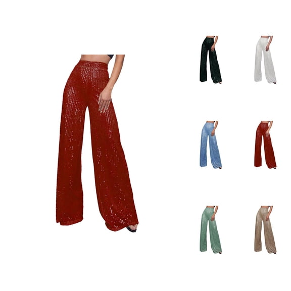 Sequin Pants for Women 2026 Trendy Sequin High Waisted Shiny Flowy Wide Leg Loose Rave Pants