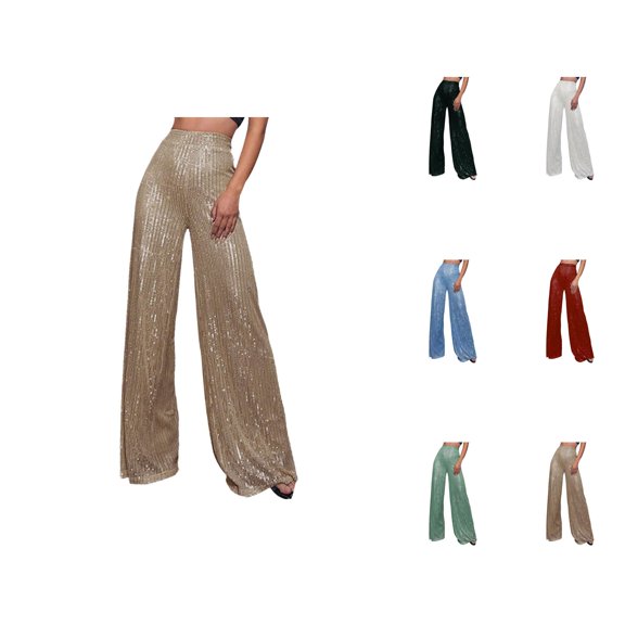 Sequin Pants for Women 2026 Trendy Sequin High Waisted Shiny Flowy Wide Leg Loose Rave Pants