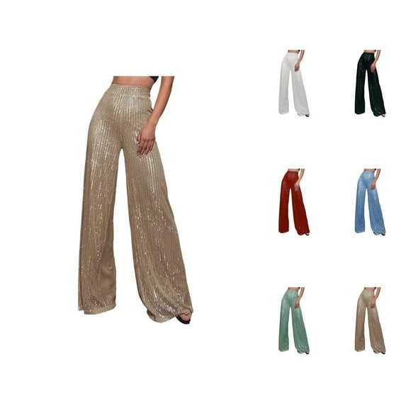 Sequin Pants for Women 2026 Trendy Sequin High Waisted Shiny Loose Wide Leg Flowy Rave Pants