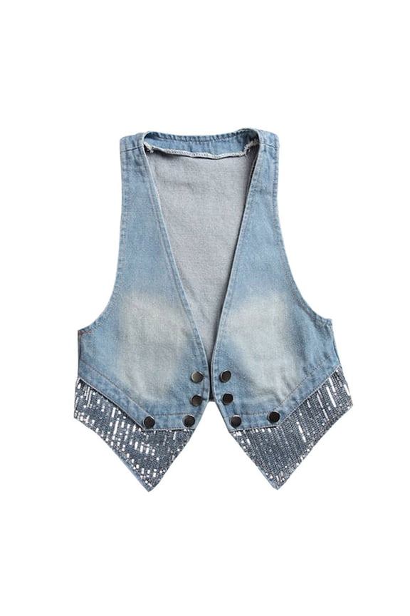Sequin Patchwork Women Denim Vest Tops Fashion Deep V Double Breasted Bow Jean Sleeveless Jackets