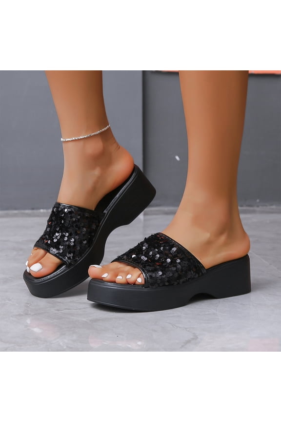 Sequin Platform Wedge Slides, Open Toe Slip On Mule Sandals, Women's Sequin Platform Slippers Glitter Sparkly Slide Sandals Comfortable Pu Leather Chunky Open Toe Beach Summer Outdoor Shoes, Black 6