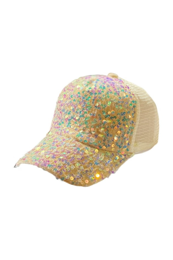 Sequin Ponytail Baseball Cap for Women Velcro Ponycap Adjustable Mesh Trucker Hat